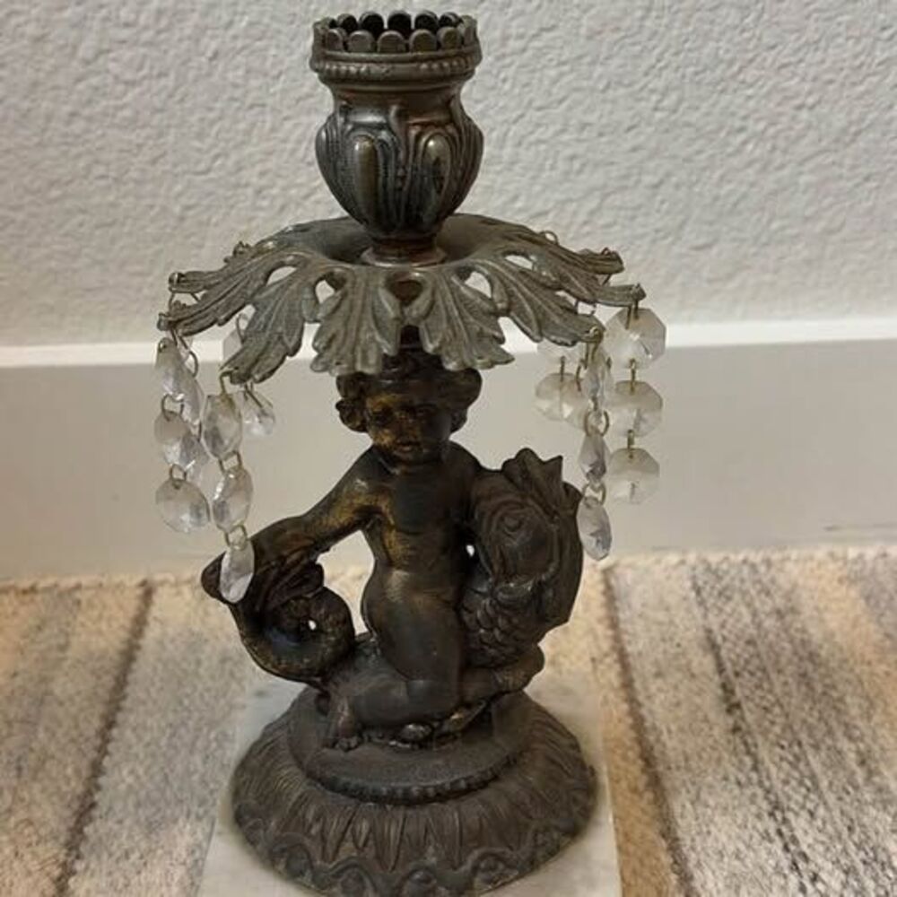 Vintage Crystal Marble Hollywood Regency Bronze Cherub Serpent Candle Holder 9”